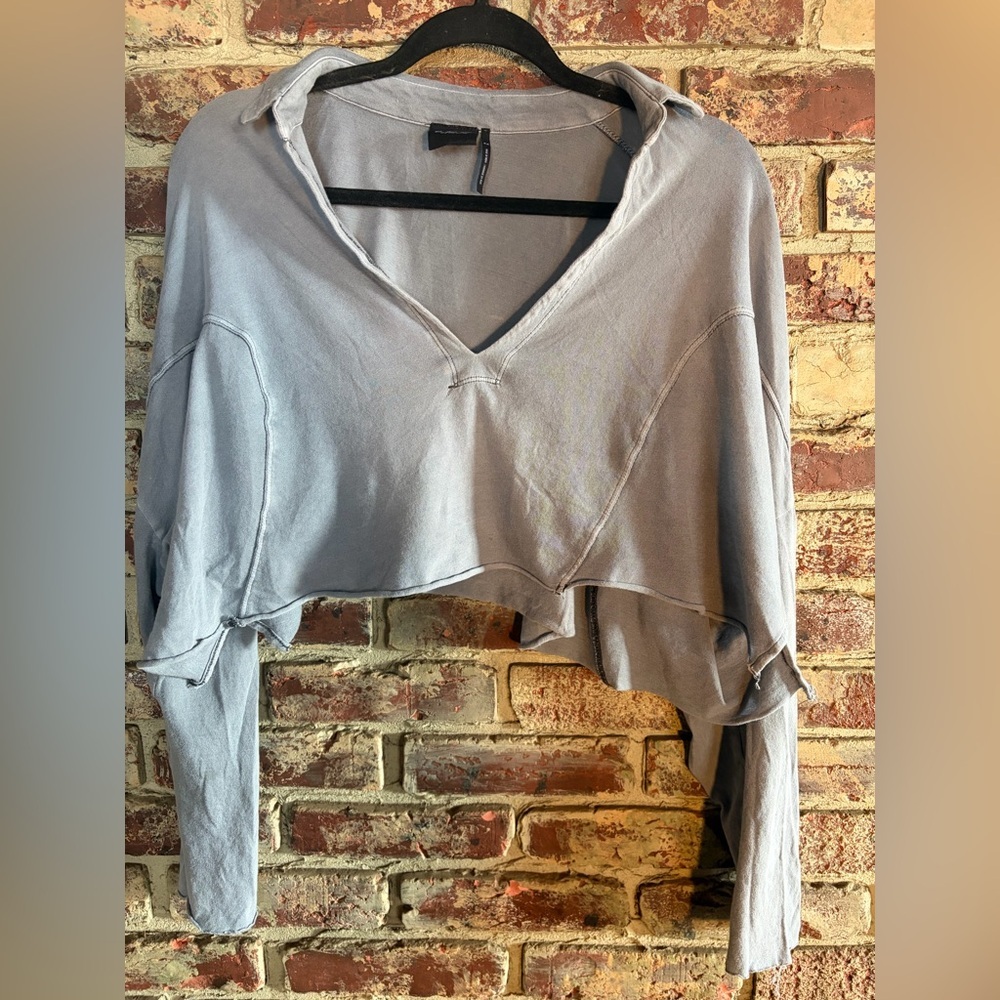Out From Under UrbanOutfitters Cropped Raw Hem Long Sleeve Top Gray M Distressed